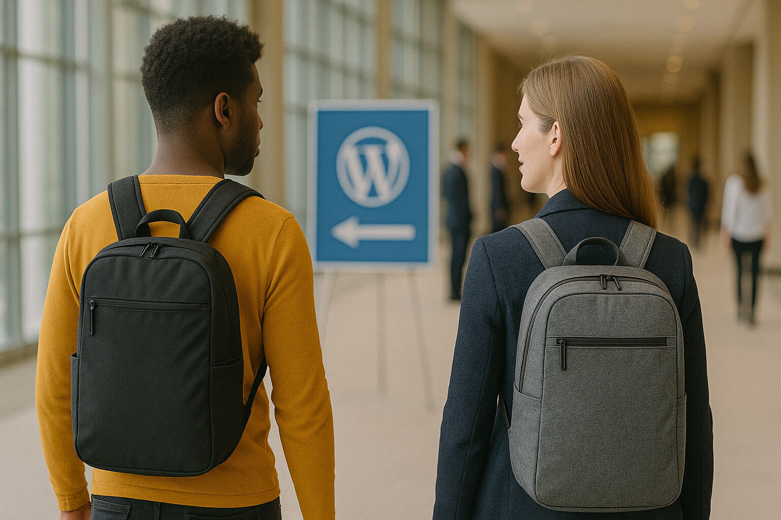 A man and woman from the back, walk down a hall. There is an easel with the WordPress logo on it and an arrow pointing left.