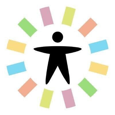 A simplified human figure with outstretched arms is surrounded by a circle of colorful rectangles on a white background. The rectangles are in shades of blue, green, yellow, orange, and pink.