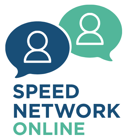 Two speech bubbles with simple person icons inside, one blue and one green, appear above the text Speed Network Online in blue and green capital letters.