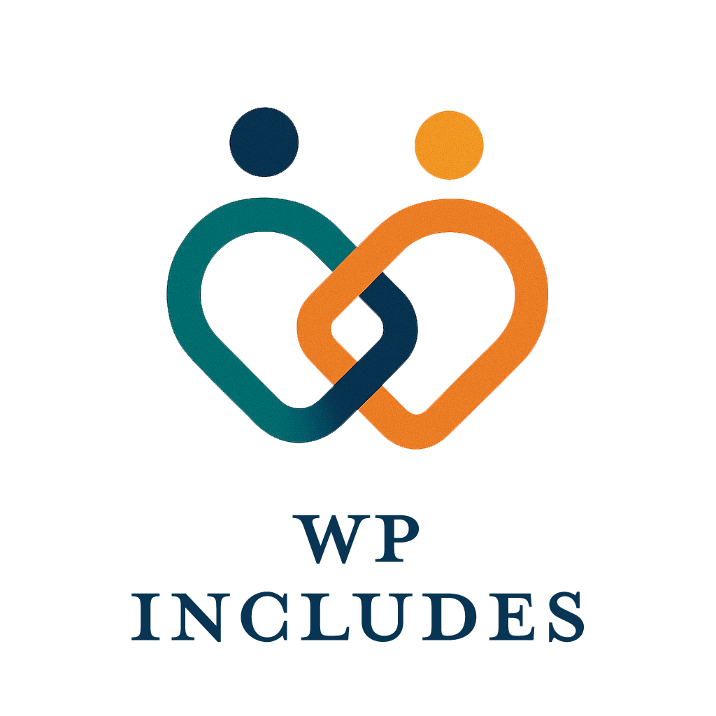 Two abstract human figures, one teal and one orange, are intertwined forming a heart shape. Below them, the text WP INCLUDES is written in dark blue capital letters.