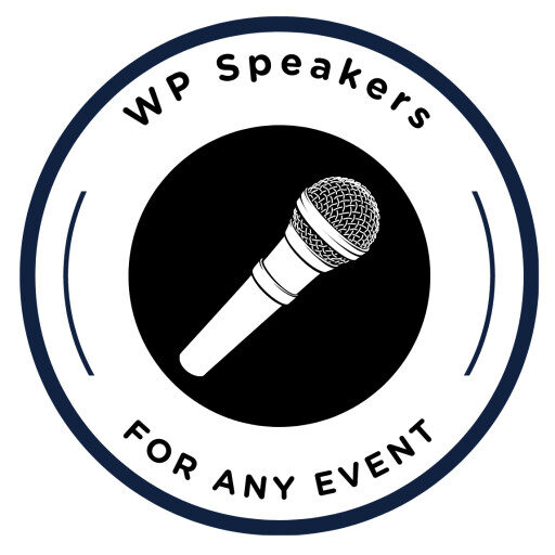 A circular logo featuring a black and white microphone in the center, with the words “WP Speakers” at the top and “For Any Event” at the bottom, all enclosed within two blue circular borders.