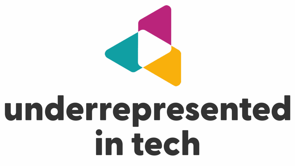 Logo with three overlapping triangles in teal, magenta, and yellow forming a stylized shape above the words underrepresented in tech in bold, black lowercase letters.