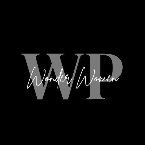 Large gray letters WP with the words Wonder Women written in white script across them on a black background.
