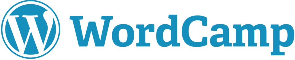 Blue WordCamp logo featuring the white W WordPress symbol inside a circle on the left, followed by the word WordCamp in bold blue letters on a white background.