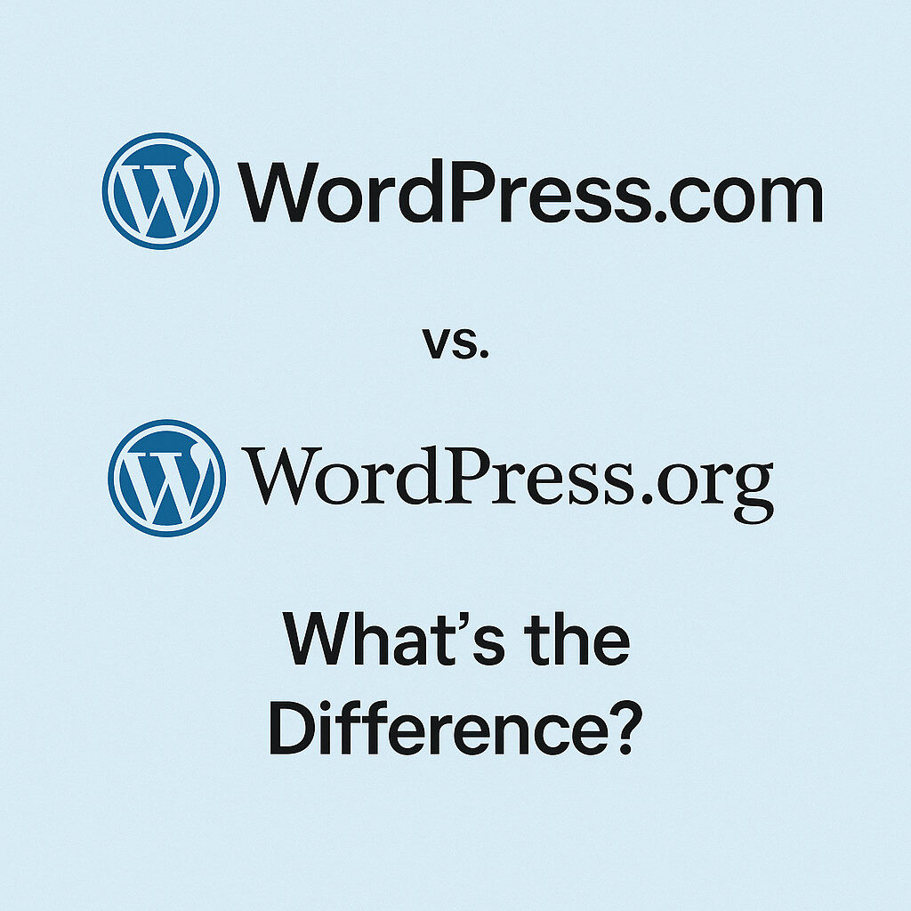 Image with the WordPress logo and text: “WordPress.com vs. WordPress.org. What’s the Difference?” on a light blue background.