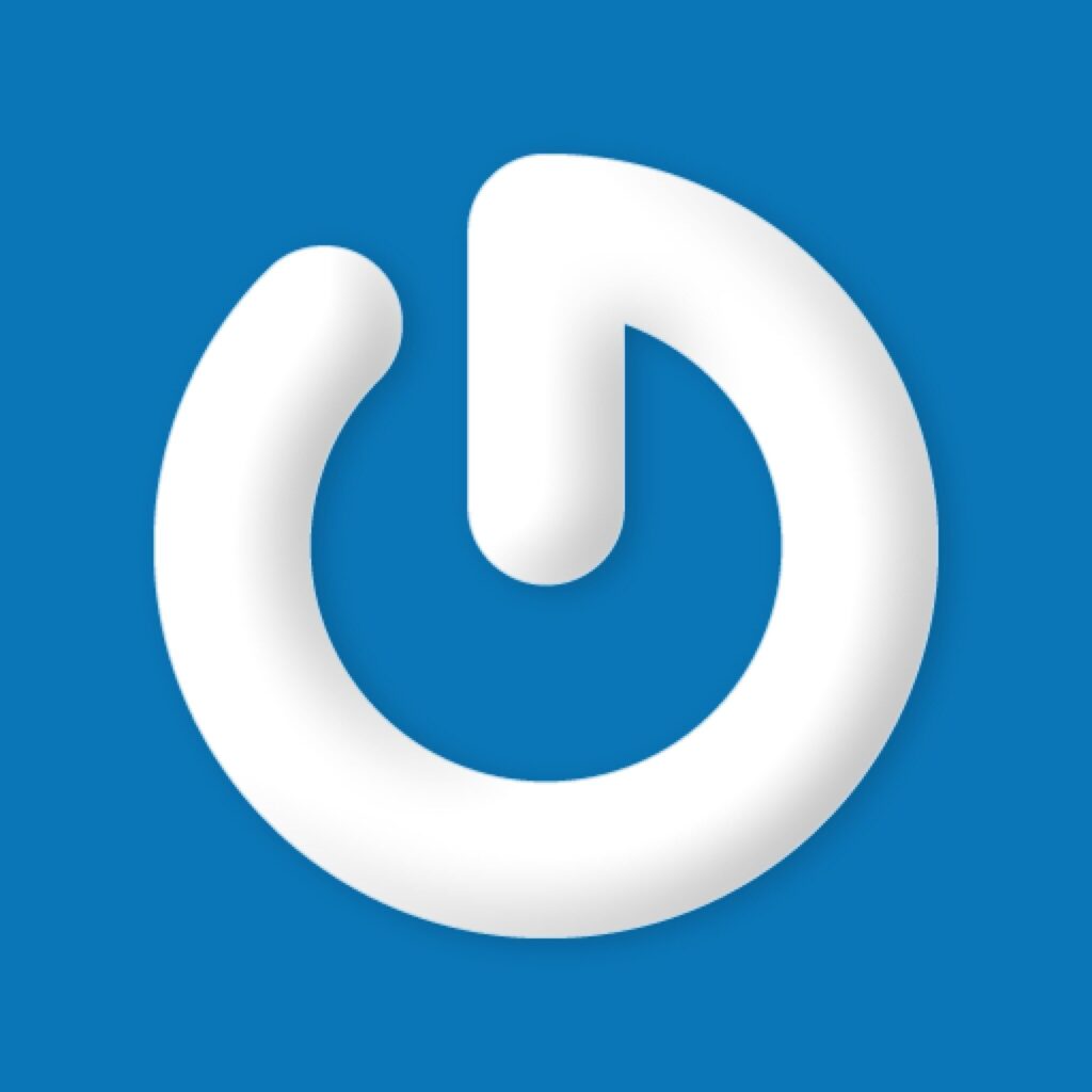 A white circular icon with a break at the top left and a short vertical line near the center, resembling a power button, on a blue background.