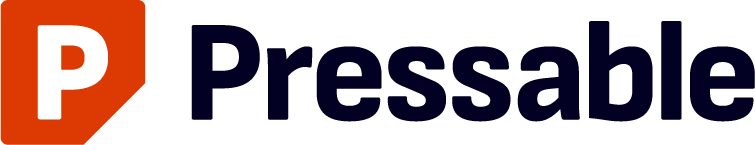 Pressable logo featuring a bold, white letter P on an orange geometric shape, followed by the word Pressable in large, dark blue letters.