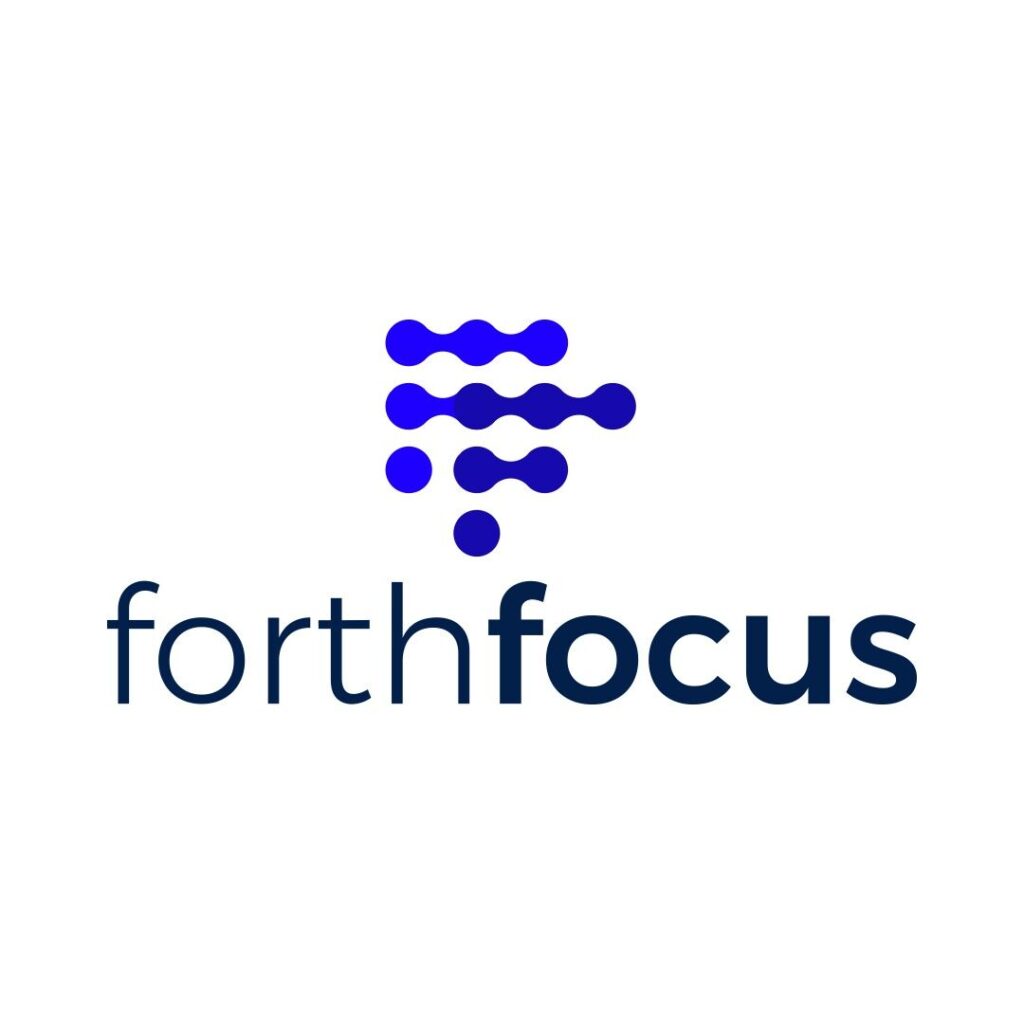 The logo features the word forthfocus in lowercase letters, with focus in bold. Above the text, there is a cluster of blue dots forming an abstract design. The background is white.