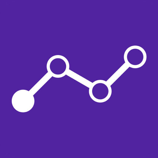 independent-analytics A white line graph icon with four connected circular points on a solid purple background.