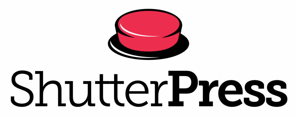 Logo with a red button graphic above the word ShutterPress; Shutter is in black, and Press is in bold black font.