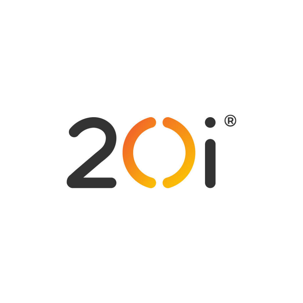 20i logo with the number 20 and a lowercase i; the zeros are formed by two curved orange lines facing each other, set on a white background.