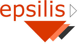 Logo with the word epsilis in bold red letters, followed by a thin gray triangle. Below are three overlapping triangles in red, orange, and dark gray, pointing right.