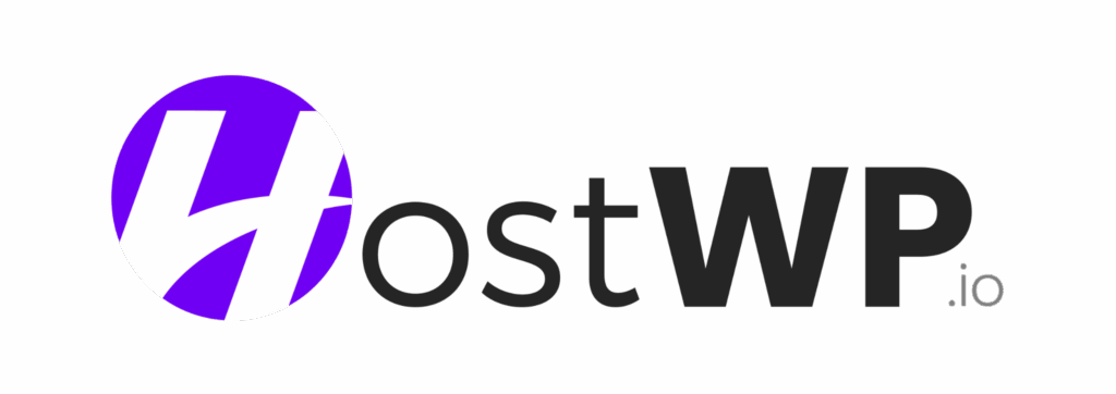 The image shows the HostWP.io logo with a purple and white circular graphic, followed by the text “HostWP.io” in black letters on a light background.