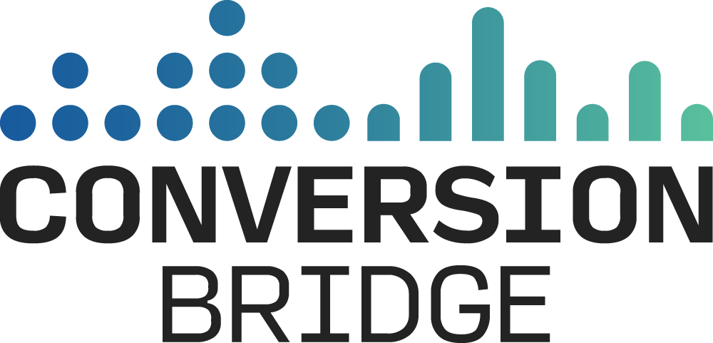 Logo for Conversion Bridge with blue and teal circles and bars above the company name, resembling a bridge or soundwave, and the words CONVERSION BRIDGE in bold, black, uppercase letters.