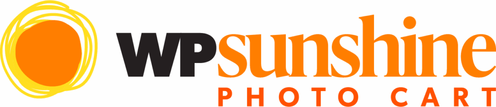 Logo for WP Sunshine Photo Cart featuring a stylized yellow sun on the left, bold black WP text, and orange sunshine and PHOTO CART text on a light background.
