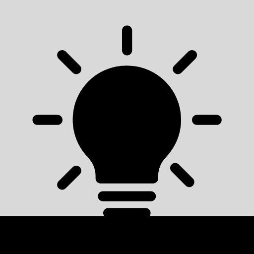 A simple black silhouette of a light bulb with lines radiating from it, symbolizing an idea or inspiration, on a gray background.