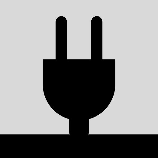 A simple black silhouette of an electrical plug with two prongs, set against a light gray background, positioned upright above a black horizontal line at the bottom of the image.