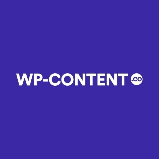 White text WP-CONTENT .CO on a solid purple background, with .CO inside a small white circle to the right of CONTENT.