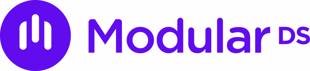 Logo for Modular DS. The design features a bold purple circle with three white vertical bars inside, followed by the words Modular DS in modern purple lettering on a white background.