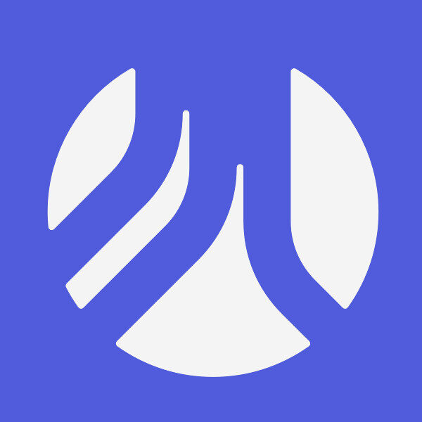 A white abstract circular logo with curved shapes and lines on a solid blue background.