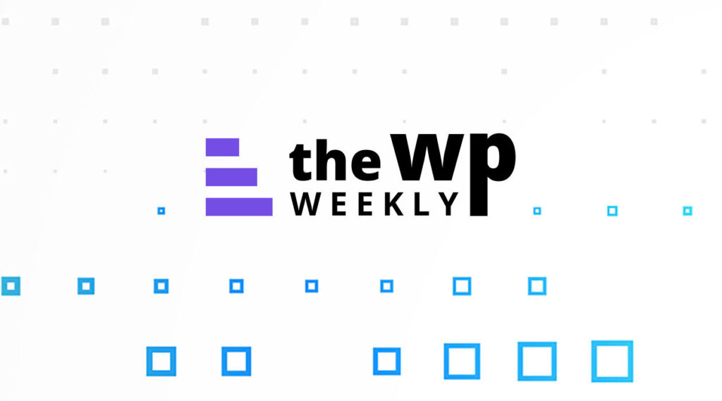 Logo for The WP Weekly with three purple lines on the left, bold the WP WEEKLY text, and blue outlined squares scattered on a white background.