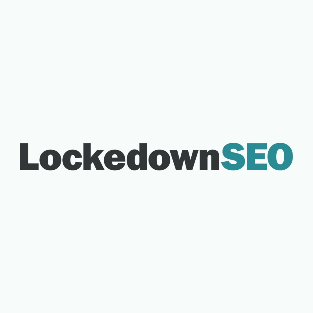 The image displays the text LockedownSEO with Lockedown in black and SEO in teal, on a light gray background.