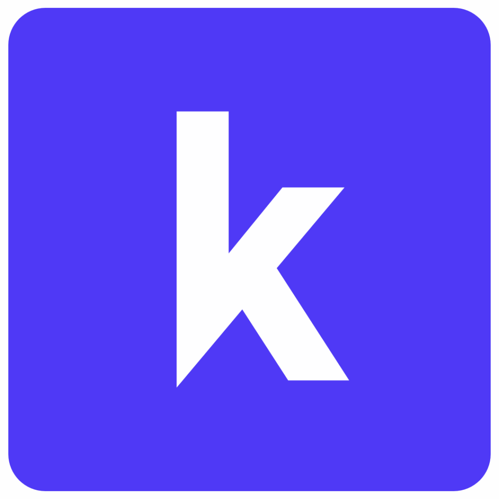 A bold, lowercase white letter k centered on a rounded square background in solid blue.