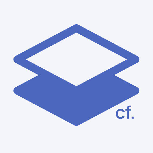 A simple blue geometric icon featuring two overlapping rhombuses with the letters “cf.” in lowercase beside them on a light gray background.
