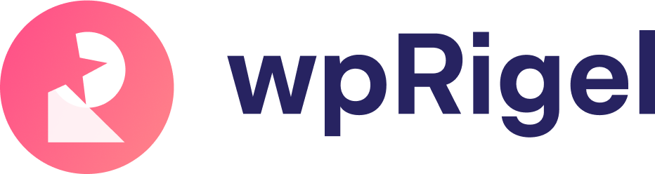 Logo for wpRigel featuring a pink circular icon with an abstract geometric figure on the left and the text wpRigel in bold, dark blue letters on the right.