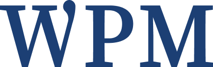 The blue letters WPM in a serif font, with the stem of the P stylized as a droplet or teardrop shape, on a light background.
